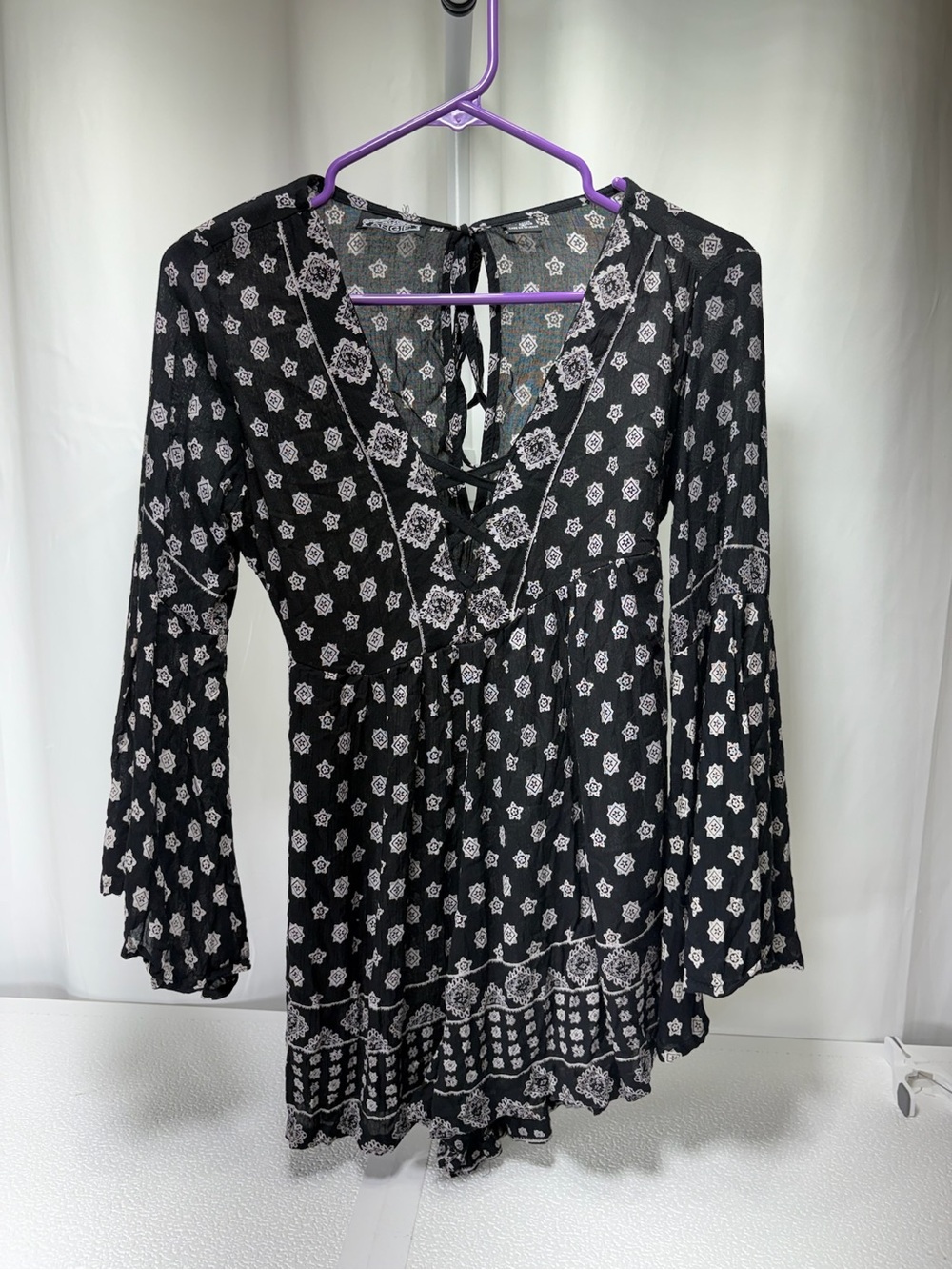 Angie Black Floral Lace-Up Romper with Bell Sleeves 4435
